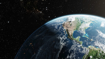 Obraz premium Earth from Space: A Stunning View of Our Planet. This captivating image shows Earth viewed from space, highlighting its blue oceans, green landmasses, and swirling clouds.