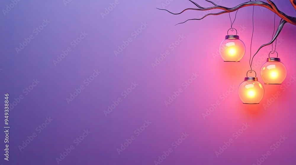 Poster a captivating display of glowing lanterns hanging against a soft purple backdrop, creating a serene 