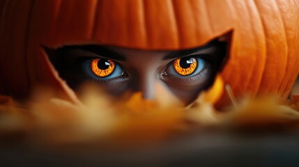 Fototapeta premium A captivating close-up of glowing orange eyes peering from inside a pumpkin, evoking Halloween enchantment and mystery.