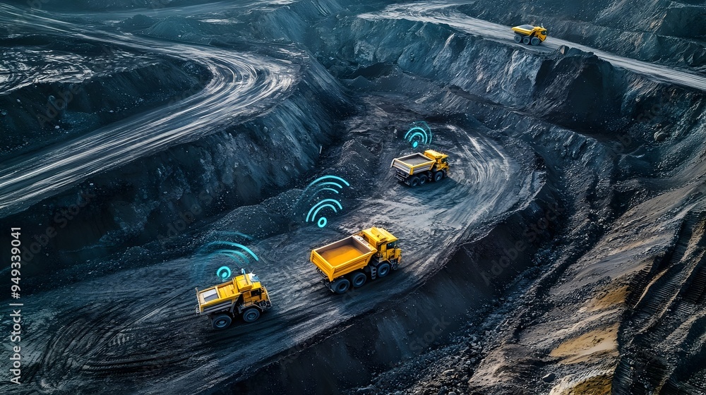 Poster aerial view of iot sensors tracking the real time movement of mining trucks across a vast and remote