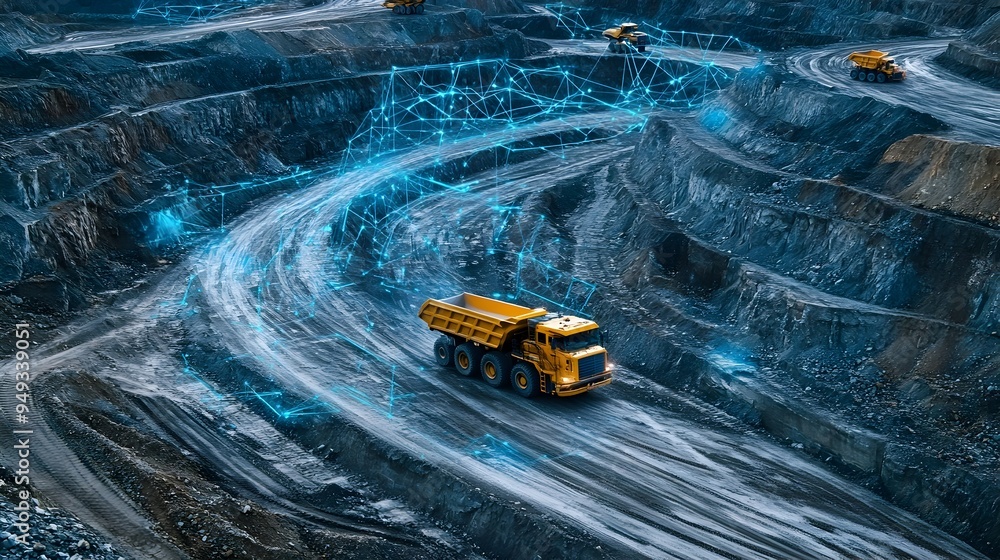 Poster aerial photograph showcasing iot sensors monitoring and tracking the movement of mining trucks acros