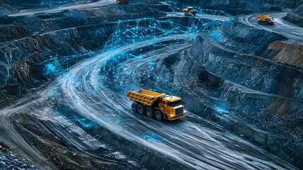 Aerial Photograph Showcasing IoT Sensors Monitoring and Tracking the Movement of Mining Trucks Across a Vast and Expansive Industrial Mining Site