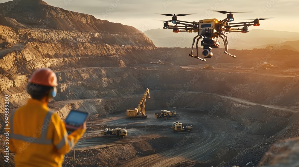 Poster aerial view of iot connected drones surveying a mining site leveraging advanced sensor technology an