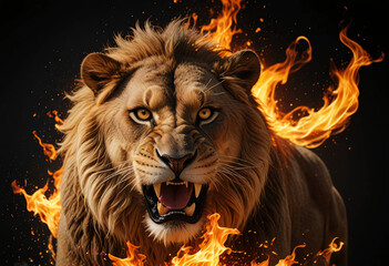 Fototapeta premium Closeup lion with fire flame on black background.