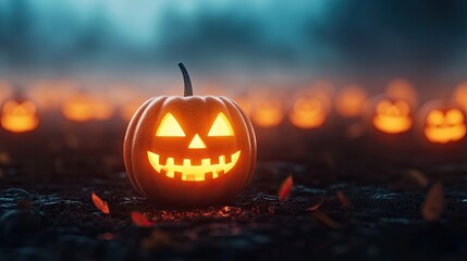 A glowing jack-o'-lantern in a spooky setting, perfect for Halloween-themed decorations or autumn festivities.