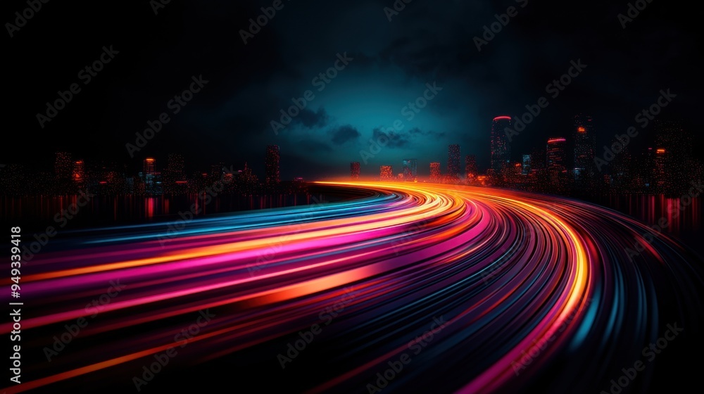 Aufkleber illuminated data streams in futuristic cityscape - concept of tech innovation and connectivity