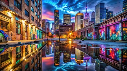 Naklejka premium urban cityscape aesthetic gritty city streets nighttime neon lights high-rise buildings reflections 