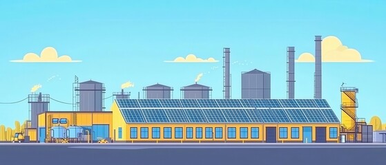 Colorful illustration of a modern industrial factory with solar panels, smokestacks, and clear blue skies