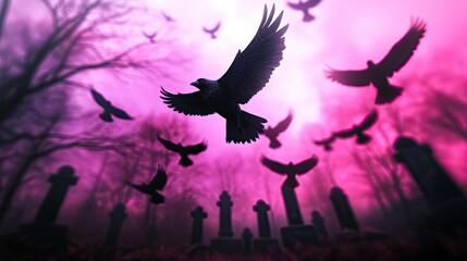 Obraz premium A haunting scene featuring silhouettes of birds flying over a mystical graveyard at dusk, enveloped in a surreal purple haze.