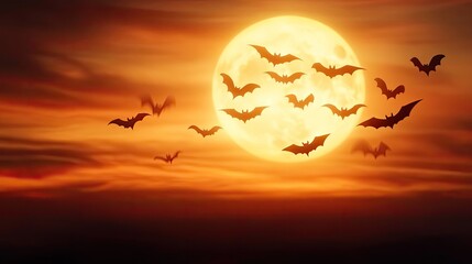 A haunting sunset with a full moon and flying bats, capturing the essence of Halloween and eerie nightscapes.