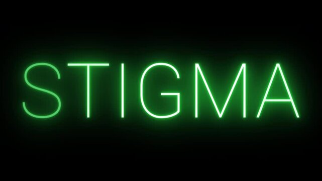 Flickering neon green glowing stigma text animated on black background