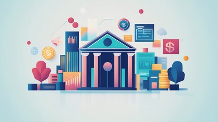 Conceptual illustration of wealth management with assets like property stocks and art connected through financial planning