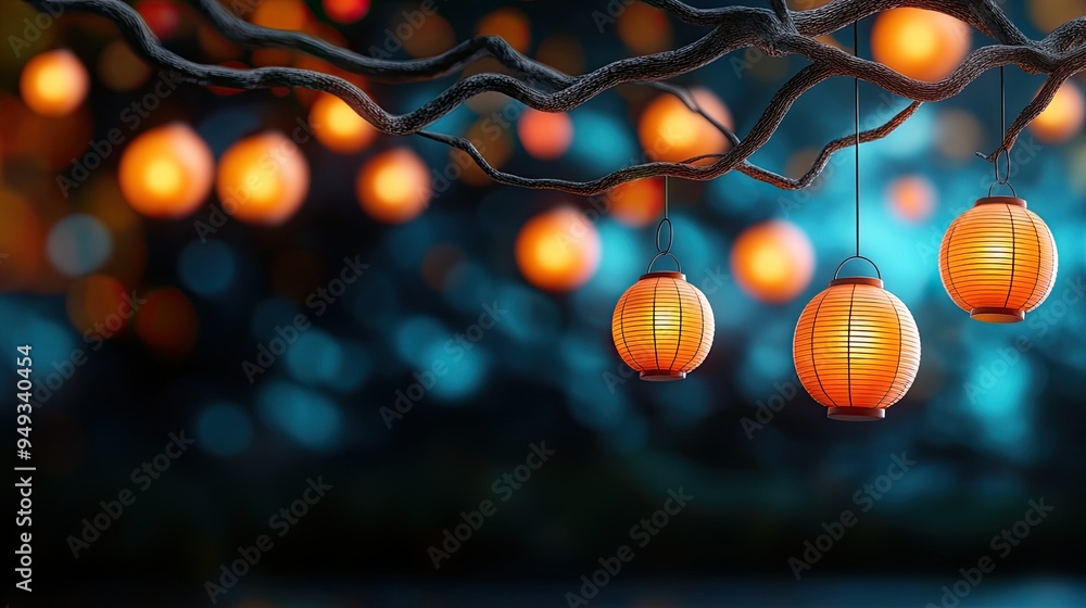 Poster a serene collection of glowing orange lanterns hanging from branches, creating a tranquil and enchan
