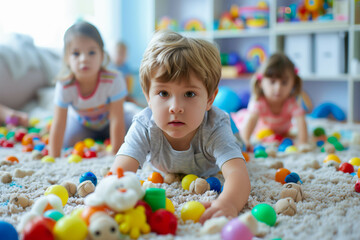 Fototapeta premium Young Children Engage in Playful Discovery with Toys