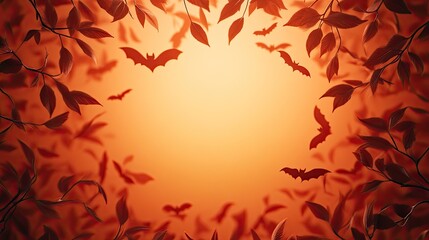 A spooky autumn scene featuring silhouetted bats flying against an orange gradient background surrounded by leaves.