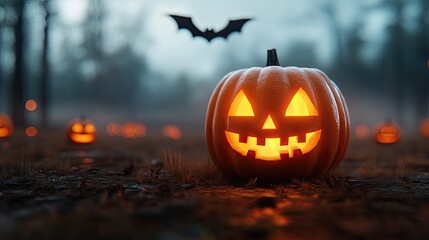 A spooky Halloween scene featuring a glowing jack-o'-lantern with a bat flying above. Perfect for festive celebrations.