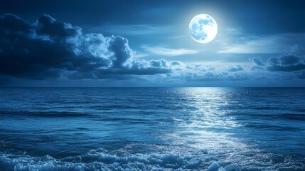 Serene Nighttime Seascape with Full Moon and Clouds.