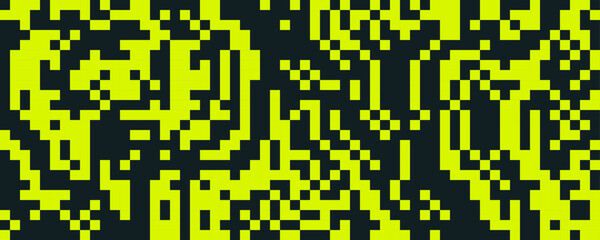 Neon pixelated random texture. Yellow and black dithered pixel background. Digitalized wallpaper for banner, poster, flyer, brochure, booklet, leaflet. Vector rasterized overlay backdrop