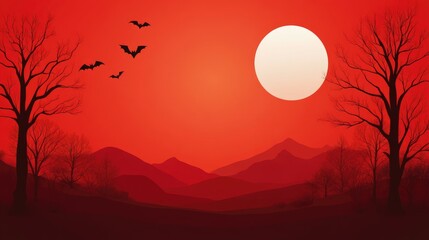 Fototapeta premium A striking silhouette of bats flying against a vibrant red sunset, showcasing a dramatic landscape with foreboding trees.