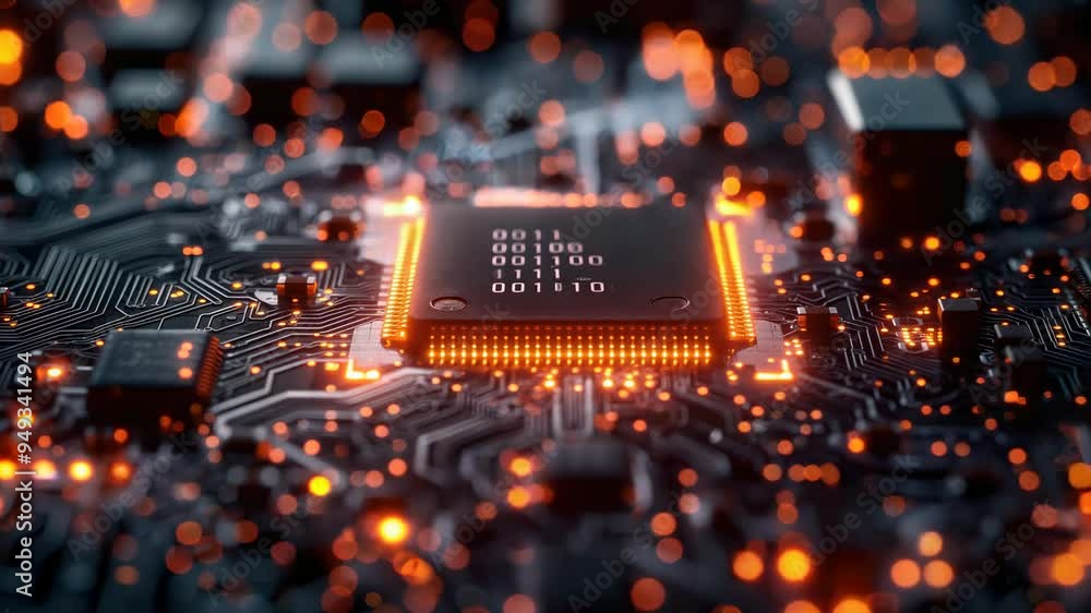 Poster illuminated microprocessor on circuit board in detail