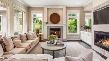 Cozy living room with a sectional sofa, round coffee table, and a fireplace.
