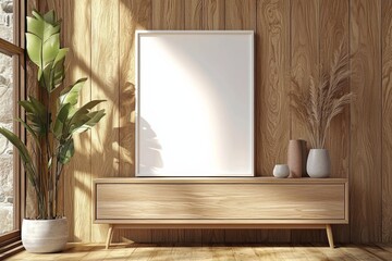 Poster Frame Mockup on Wooden Interior Background created with Generative AI