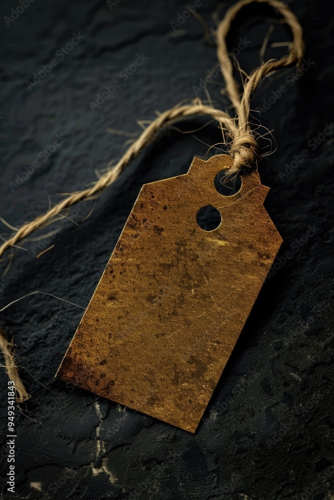 Poster A string with a tag attached to a black surface, often used for identification or labeling