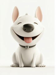 Happy little white Bull Terrier with joyful expression, sitting and ready to play.