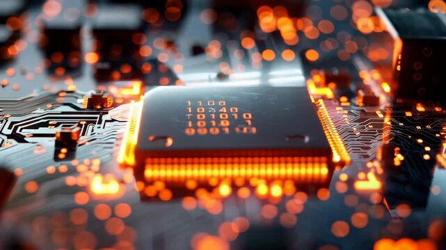 Illuminated Circuit Board with Glowing Microchip Details