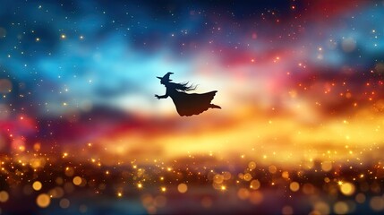 Naklejka premium A whimsical silhouette of a witch flying through a vibrant, starry sky filled with enchanting colors and shimmering lights.