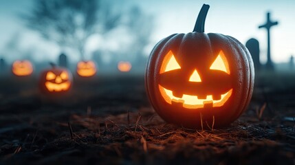 Charming Halloween pumpkin glowing in the dark, surrounded by eerie graveyard atmosphere, perfect for spooky season imagery.