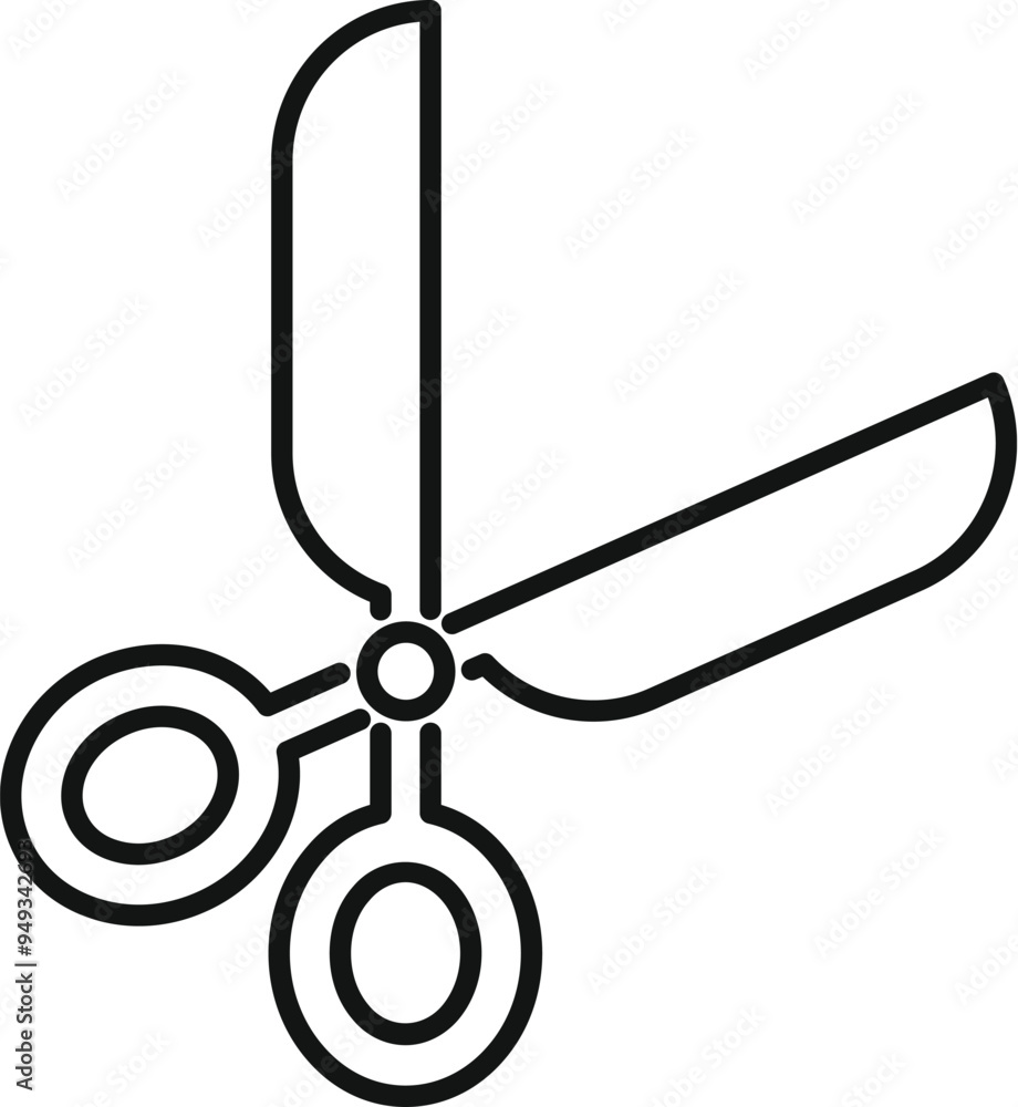 Poster simple black outline icon representing a pair of scissors with its blades open, suggesting an action