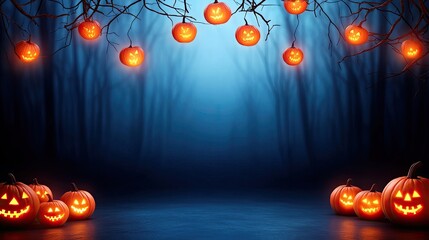 Eerie Halloween scene with glowing pumpkins and a misty forest backdrop, perfect for seasonal decorations and festive themes.