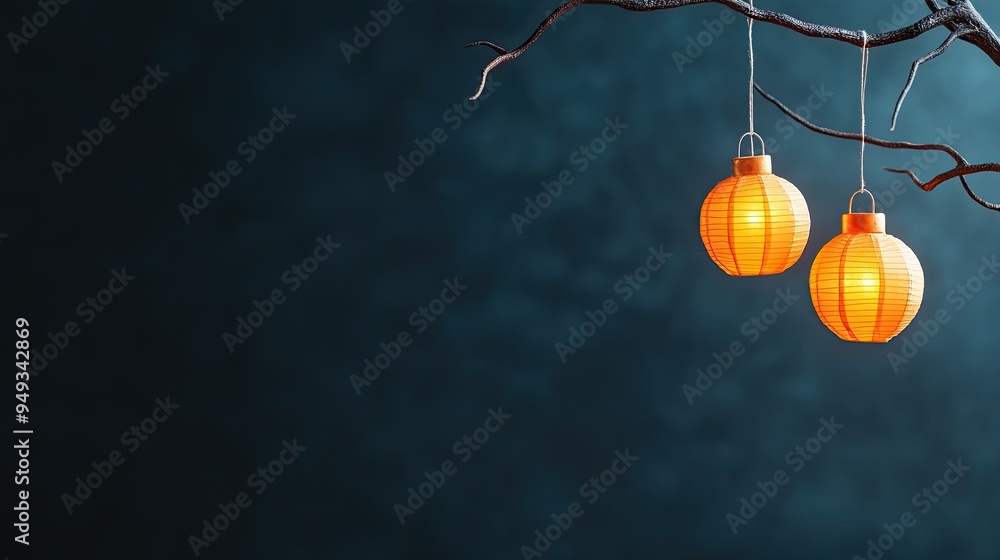 Poster elegant orange lanterns hanging from a branch against a dark background, creating a warm and invitin
