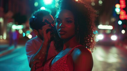 A woman stands on a city street, focused on her cell phone conversation