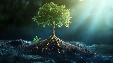 Conceptual illustration of financial growth with a seed growing into a tree of wealth and prosperity