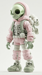 Fototapeta premium A unique animated character featuring skeleton design, dressed in pink outfit with backpack of skulls, exuding playful yet eerie vibe.