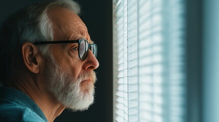 Contemplation Through the Blinds: A pensive elderly man gazes thoughtfully out the window, his face etched with wisdom and a hint of melancholy. 