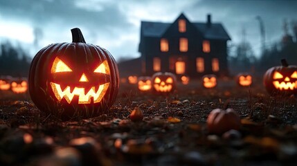 Spooky Halloween scene with glowing jack-o'-lanterns surrounding a haunted house at dusk.