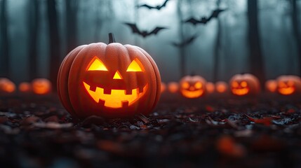 Fototapeta premium Spooky Halloween scene with glowing pumpkins and flying bats in a misty forest, perfect for autumn and holiday themes.
