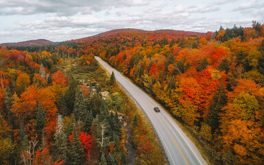Car Driving New England Beautiful Fall Scenery Aerial View From Drone of Road Leading Through Forest of Colorful Foliage Scenic Byway
