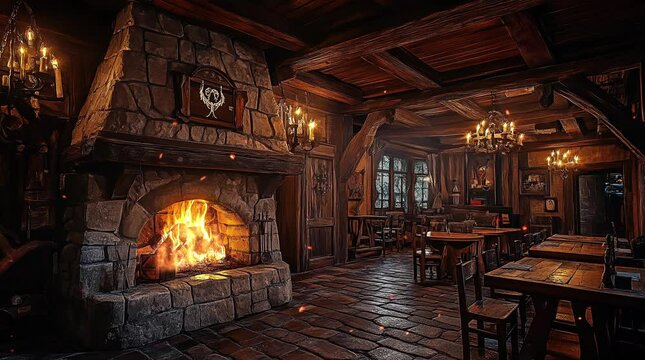 Cozy room with a warm fireplace and stylish mini bar creating a luxurious and inviting ambiance
 seamless looping 4k time-lapse virtual video animation background. generated ai