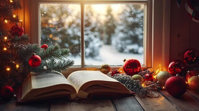 Opened book resting on a table by a frosty winter window, creating a cozy and peaceful reading scene
 seamless looping 4k time-lapse virtual video animation background. generated ai