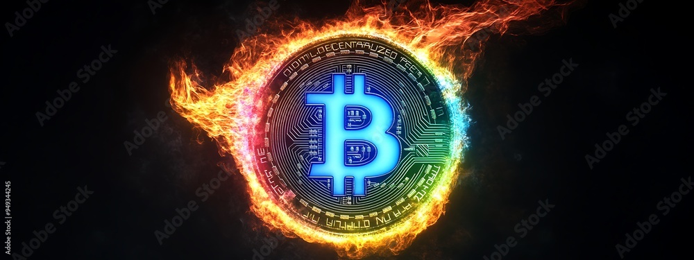 Aufkleber bitcoin coin in flames with circuitry and digital text