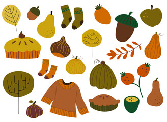 Vector set of autumn icons: sweater, pumpkins, autumn leaves, comfort food, pie, cozy illustrations. Collection of fall season elements. Autumn greeting card. Autumn greeting.