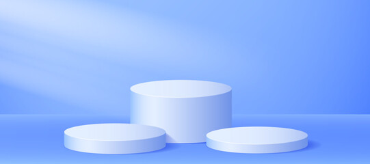 Three 3d podium background in light blue color. Studio platforms stage concept. Soft cylinder pedestal scene for poster, banner, mockup design, product template, showcase display. Vector