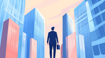 Fototapeta premium A businessman stands confidently between towering skyscrapers, holding briefcase, ready to embrace new opportunities.
