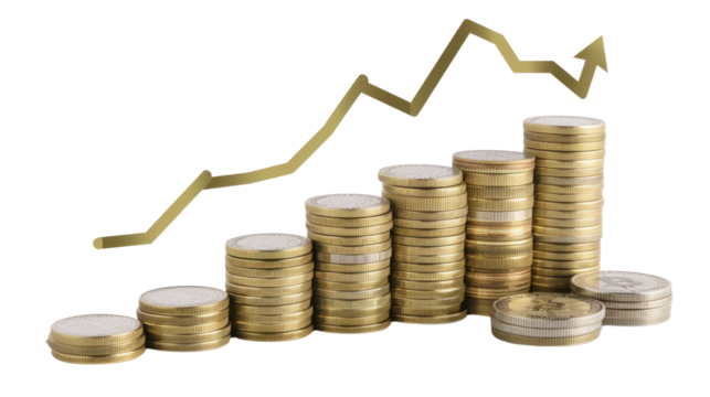 Stack of coins with graph chart growth up isolated on white background