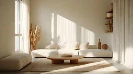 A modern minimalist living room design with light colors, a small coffee table, and a few select pieces of decor for a clean aesthetic.