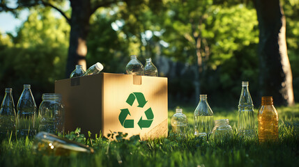 Cardboard Boxes with Green Eco Symbols, Plastic Bottles, and Recycling Symbols
